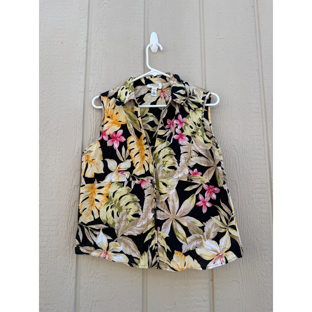 Talbots 14 Sleeveless Top Tropical Floral Cotton Button Down Shirt